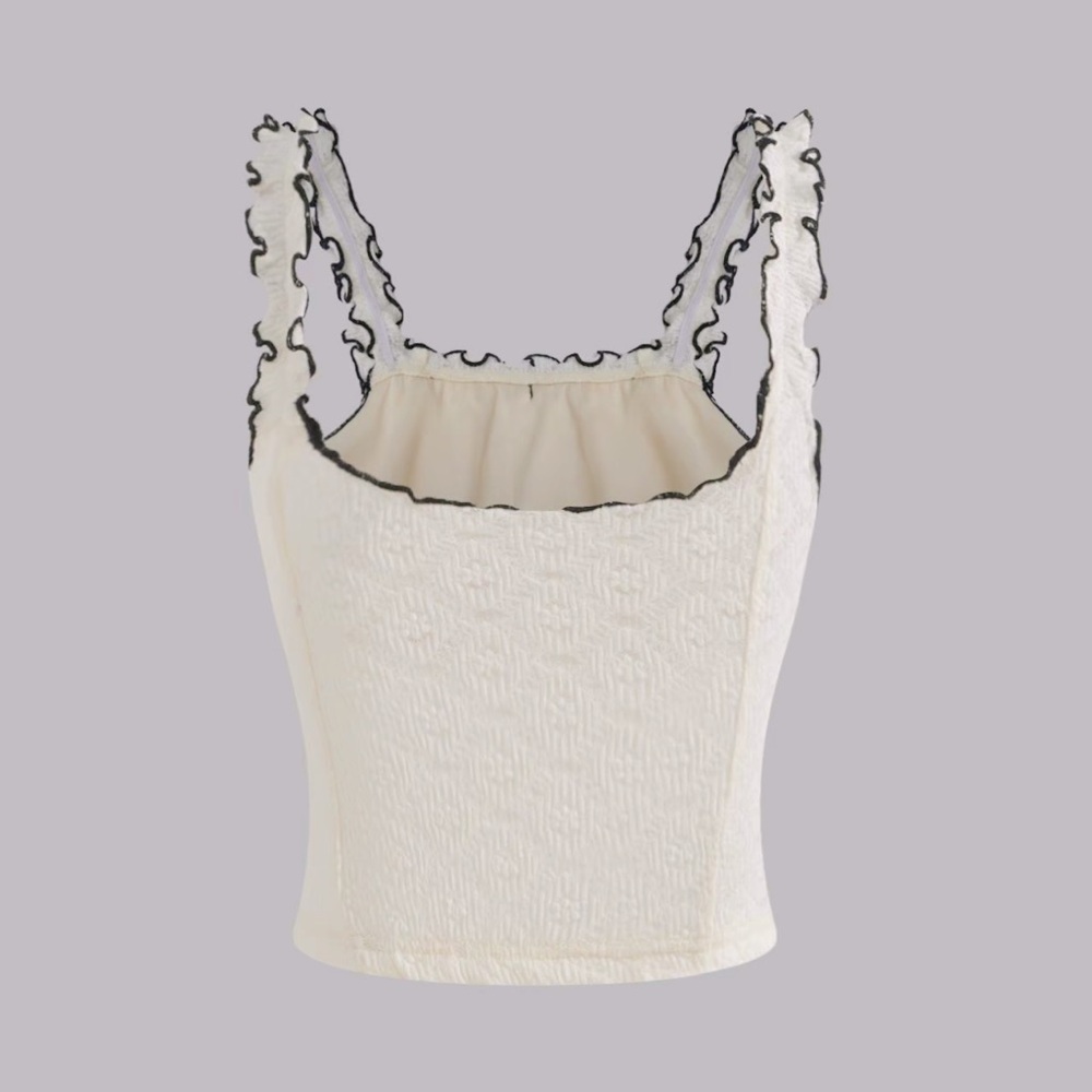 Women’s Cream Ruffle-Trim Tank Top with Black Bow - Picture 3 of 6